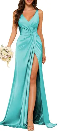 A-Line/Princess V Neck Sleeveless Floor-Length Bridesmaid Dresses with Split — view 19