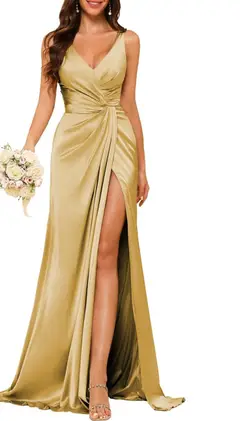 A-Line/Princess V Neck Sleeveless Floor-Length Bridesmaid Dresses with Split — view 21