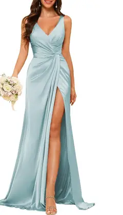 A-Line/Princess V Neck Sleeveless Floor-Length Bridesmaid Dresses with Split — view 26