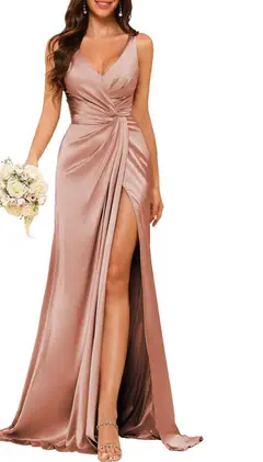 A-Line/Princess V Neck Sleeveless Floor-Length Bridesmaid Dresses with Split — view 27