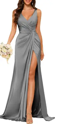 A-Line/Princess V Neck Sleeveless Floor-Length Bridesmaid Dresses with Split — view 33
