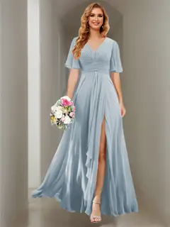 A-Line/Princess V Neck Short Sleeve Floor Length Bridesmaid Dresses Chiffon with Slit — view 1