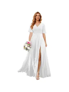 A-Line/Princess V Neck Short Sleeve Floor Length Bridesmaid Dresses Chiffon with Slit — view 2