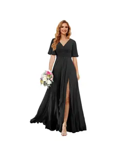 A-Line/Princess V Neck Short Sleeve Floor Length Bridesmaid Dresses Chiffon with Slit — view 3