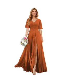 A-Line/Princess V Neck Short Sleeve Floor Length Bridesmaid Dresses Chiffon with Slit — view 4