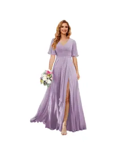 A-Line/Princess V Neck Short Sleeve Floor Length Bridesmaid Dresses Chiffon with Slit — view 5