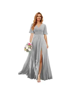 A-Line/Princess V Neck Short Sleeve Floor Length Bridesmaid Dresses Chiffon with Slit — view 6