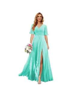 A-Line/Princess V Neck Short Sleeve Floor Length Bridesmaid Dresses Chiffon with Slit — view 7