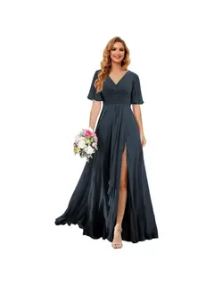 A-Line/Princess V Neck Short Sleeve Floor Length Bridesmaid Dresses Chiffon with Slit — view 9