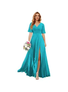 A-Line/Princess V Neck Short Sleeve Floor Length Bridesmaid Dresses Chiffon with Slit — view 10