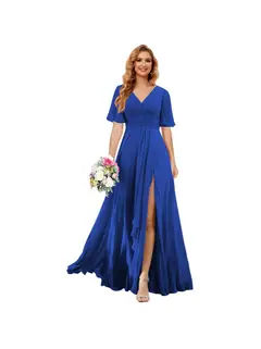 A-Line/Princess V Neck Short Sleeve Floor Length Bridesmaid Dresses Chiffon with Slit — view 11