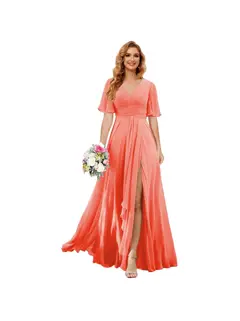 A-Line/Princess V Neck Short Sleeve Floor Length Bridesmaid Dresses Chiffon with Slit — view 12