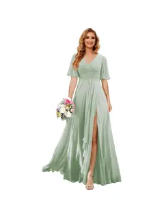 A-Line/Princess V Neck Short Sleeve Floor Length Bridesmaid Dresses Chiffon with Slit — view 13