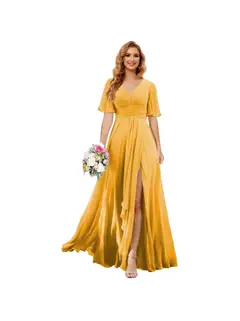 A-Line/Princess V Neck Short Sleeve Floor Length Bridesmaid Dresses Chiffon with Slit — view 14