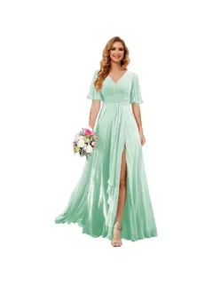 A-Line/Princess V Neck Short Sleeve Floor Length Bridesmaid Dresses Chiffon with Slit — view 15