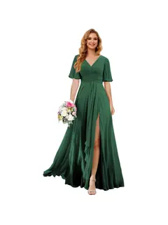 A-Line/Princess V Neck Short Sleeve Floor Length Bridesmaid Dresses Chiffon with Slit — view 16