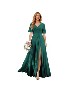 A-Line/Princess V Neck Short Sleeve Floor Length Bridesmaid Dresses Chiffon with Slit — view 17