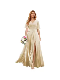 A-Line/Princess V Neck Short Sleeve Floor Length Bridesmaid Dresses Chiffon with Slit — view 18