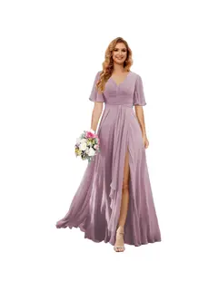 A-Line/Princess V Neck Short Sleeve Floor Length Bridesmaid Dresses Chiffon with Slit — view 19