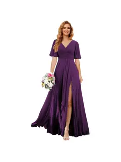 A-Line/Princess V Neck Short Sleeve Floor Length Bridesmaid Dresses Chiffon with Slit — view 20