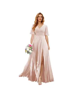 A-Line/Princess V Neck Short Sleeve Floor Length Bridesmaid Dresses Chiffon with Slit — view 21