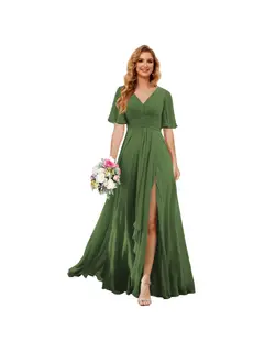 A-Line/Princess V Neck Short Sleeve Floor Length Bridesmaid Dresses Chiffon with Slit — view 22