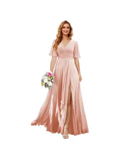 A-Line/Princess V Neck Short Sleeve Floor Length Bridesmaid Dresses Chiffon with Slit — view 23