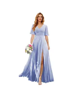 A-Line/Princess V Neck Short Sleeve Floor Length Bridesmaid Dresses Chiffon with Slit — view 24