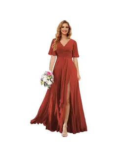 A-Line/Princess V Neck Short Sleeve Floor Length Bridesmaid Dresses Chiffon with Slit — view 25