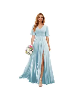 A-Line/Princess V Neck Short Sleeve Floor Length Bridesmaid Dresses Chiffon with Slit — view 26