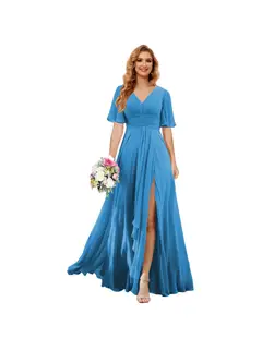 A-Line/Princess V Neck Short Sleeve Floor Length Bridesmaid Dresses Chiffon with Slit — view 27
