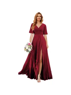 A-Line/Princess V Neck Short Sleeve Floor Length Bridesmaid Dresses Chiffon with Slit — view 28