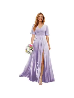 A-Line/Princess V Neck Short Sleeve Floor Length Bridesmaid Dresses Chiffon with Slit — view 30