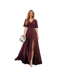 A-Line/Princess V Neck Short Sleeve Floor Length Bridesmaid Dresses Chiffon with Slit — view 31