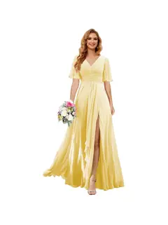 A-Line/Princess V Neck Short Sleeve Floor Length Bridesmaid Dresses Chiffon with Slit — view 32