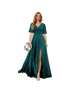 A-Line/Princess V Neck Short Sleeve Floor Length Bridesmaid Dresses Chiffon with Slit — view 33