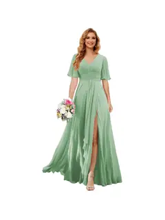 A-Line/Princess V Neck Short Sleeve Floor Length Bridesmaid Dresses Chiffon with Slit — view 34