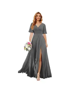 A-Line/Princess V Neck Short Sleeve Floor Length Bridesmaid Dresses Chiffon with Slit — view 35