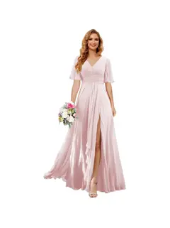 A-Line/Princess V Neck Short Sleeve Floor Length Bridesmaid Dresses Chiffon with Slit — view 36