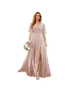 A-Line/Princess V Neck Short Sleeve Floor Length Bridesmaid Dresses Chiffon with Slit — view 37