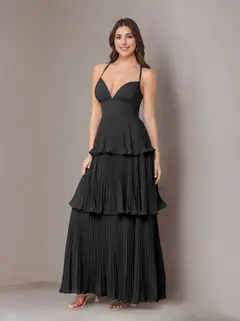 A-Line/Princess Spaghetti Straps Sleeveless Floor-Length Chiffon Bridesmaid Dresses with Pleated — view 4
