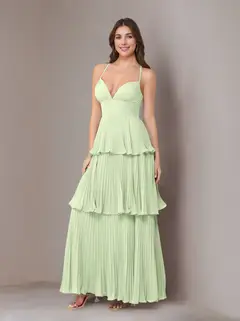 A-Line/Princess Spaghetti Straps Sleeveless Floor-Length Chiffon Bridesmaid Dresses with Pleated — view 9