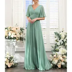 A-Line/Princess V Neck Short Sleeves Bridesmaid Dresses Wedding Guest Dresses — view 1