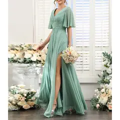 A-Line/Princess V Neck Short Sleeves Bridesmaid Dresses Wedding Guest Dresses — view 3
