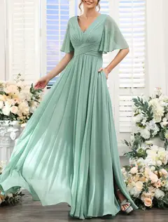 A-Line/Princess V Neck Short Sleeves Bridesmaid Dresses Wedding Guest Dresses — view 4