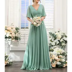 A-Line/Princess V Neck Short Sleeves Bridesmaid Dresses Wedding Guest Dresses — view 5