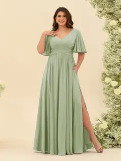 A-Line V-Neck Half Sleeves Plus Size Chiffon Bridesmaid Dresses With Split Side — view 5