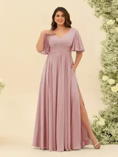 A-Line V-Neck Half Sleeves Plus Size Chiffon Bridesmaid Dresses With Split Side — view 6