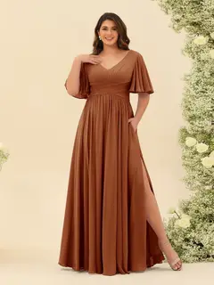 A-Line V-Neck Half Sleeves Plus Size Chiffon Bridesmaid Dresses With Split Side — view 7