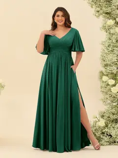 A-Line V-Neck Half Sleeves Plus Size Chiffon Bridesmaid Dresses With Split Side — view 8